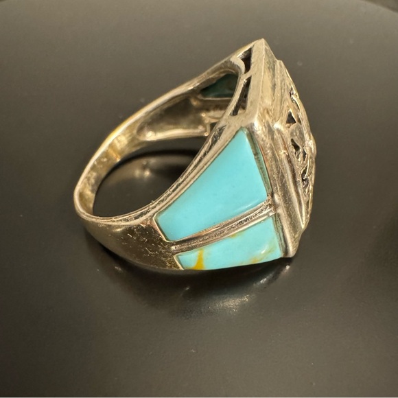 Vintage Turquoise Inlay Signet Ring Sterling Silver Southwest Style Size 7.5 - Picture 3 of 7